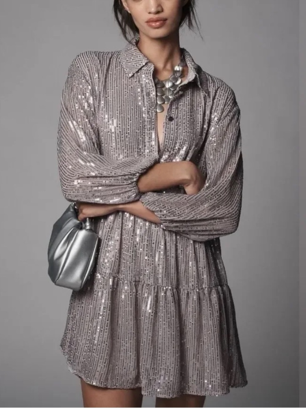 Maeve Silver Sequin Mini Shirt Dress